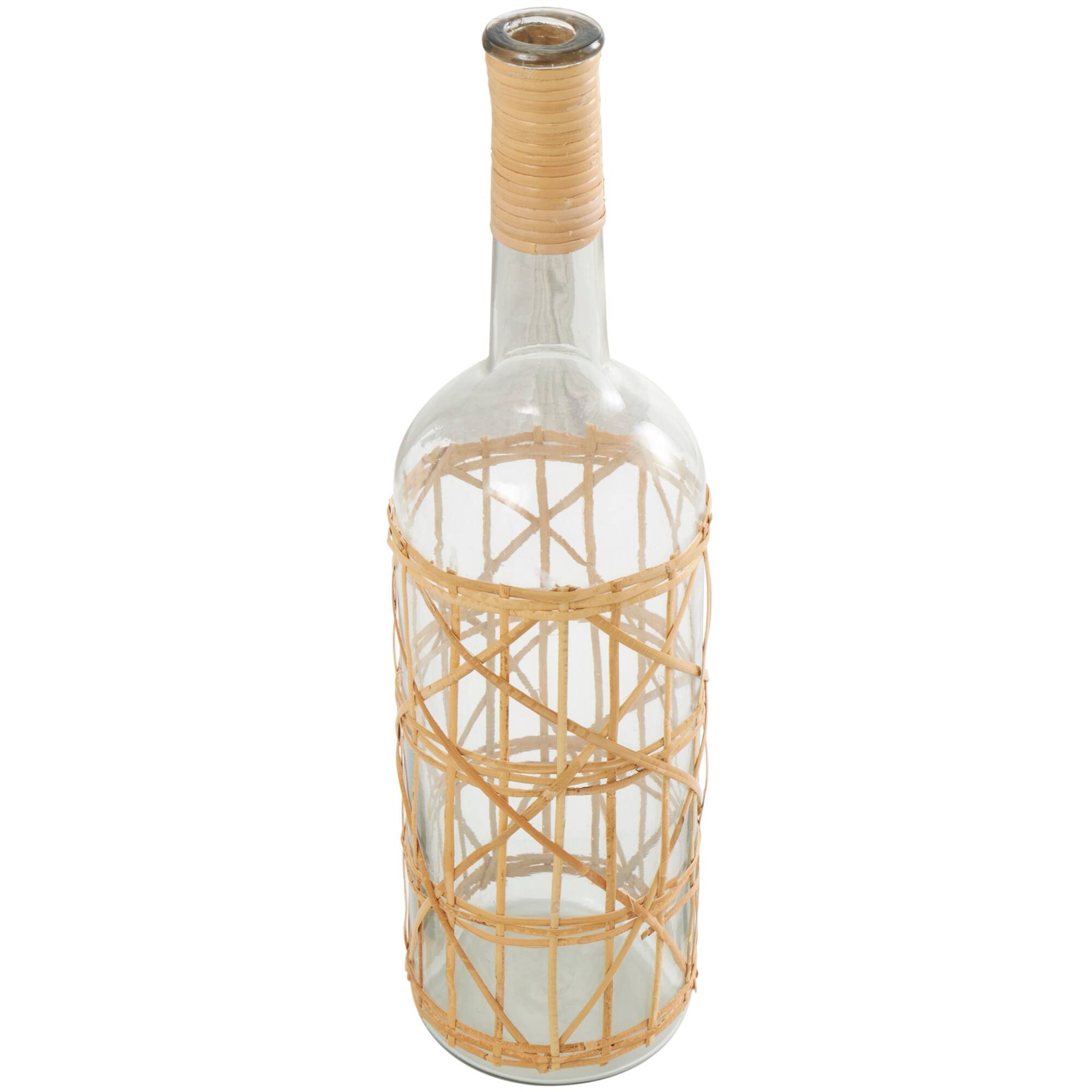 23" Clear Glass Handmade Tall Vase with Light Brown Rattan Woven Body and Neck